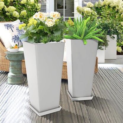TUYOHW Set of 2 Tall Planters, 24" Large Indoor Outdoor Flower Pots with Tray, Modern Tapered Planters for Porch, Patio, Garden, Backyard(White)