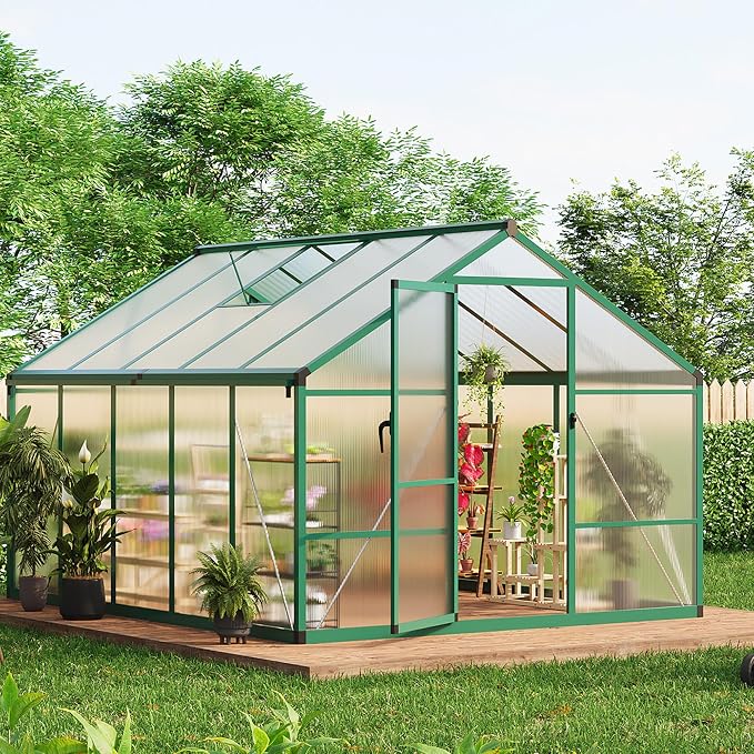8x10 FT Greenhouse, Greenhouses for Outside, Polycarbonate Greenhouse with Aluminum Frame, Lockable Door and Ajustable Roof Vent for Backyard, Green Houses for Outside Garden Backyard, Patio
