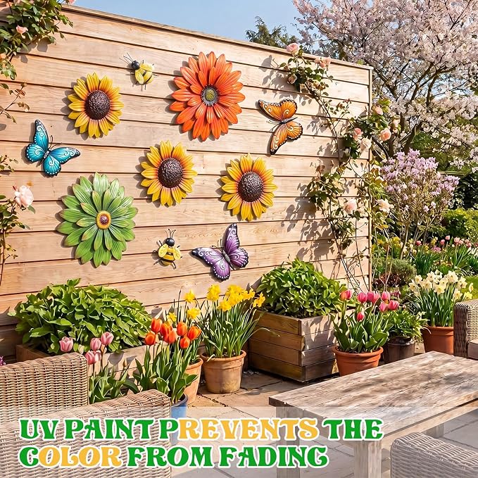 Therwen 10 Pcs Metal Wall Art Decor for Outside 3D Metal Sunflower Backyard Decorations Hanging Outdoor Wall Art Multicolored Flowers for Garden Fence Patio Yard Outdoor Porch
