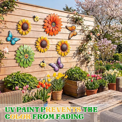Therwen 10 Pcs Metal Wall Art Decor for Outside 3D Metal Sunflower Backyard Decorations Hanging Outdoor Wall Art Multicolored Flowers for Garden Fence Patio Yard Outdoor Porch