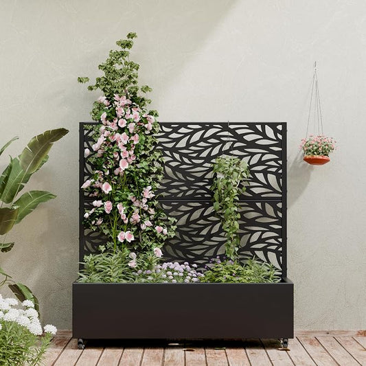 Casaphoria Metal Raised Garden Bed with Trellis and Wheels, 47"x47"x16" Planter Box for Climbing Plants, Vegetables & Vines, Features Drainage Holes and Privacy Screen (Black-Spring)