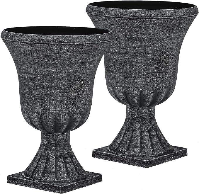 2-Pack 22" Washed Black Plastic Urn Planters with Drainage Holes | Set of 2 PP urn planters with antique washed finish, 3D texture, drainage plugs, and UV-treated surface for porch or patio