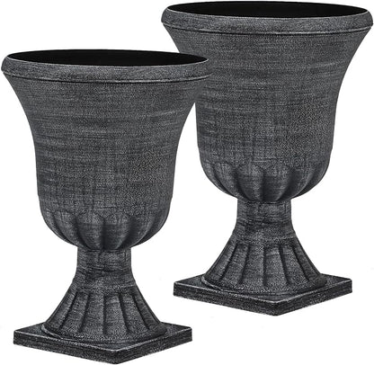 2-Pack 22" Washed Black Plastic Urn Planters with Drainage Holes | Set of 2 PP urn planters with antique washed finish, 3D texture, drainage plugs, and UV-treated surface for porch or patio