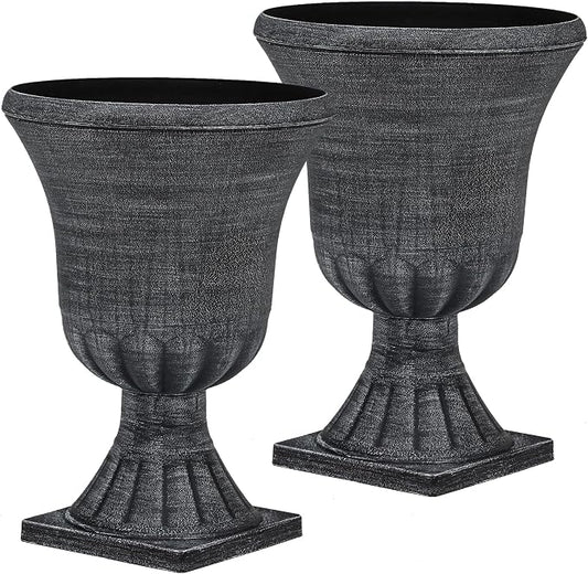 2-Pack 22" Washed Black Plastic Urn Planters with Drainage Holes | Set of 2 PP urn planters with antique washed finish, 3D texture, drainage plugs, and UV-treated surface for porch or patio