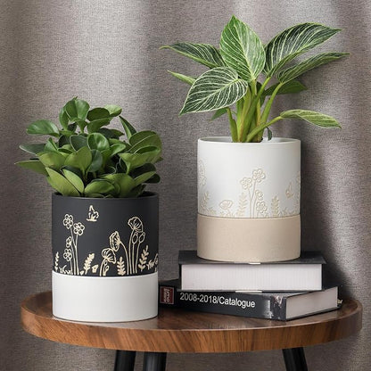 Nihow Self Watering Pots for Indoor Plants,6 Inch,Black,Hand Painting | Ceramic Planter, Drainage Hole & Water Storage Plus, Cylinder Round Flower Pot, For Succulent/Herbs/Violets