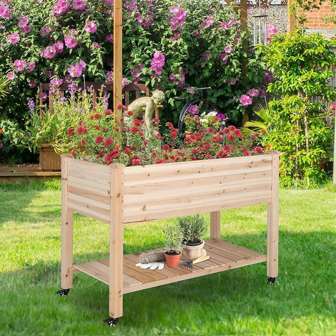 VINGLI 45.7"x22.4"x32.4" Elevated Raised Garden Bed Outdoor, Heavy Duty Wood Planter Box with Legs, Bed Liner Included, for Vegetables, Fruits, Sturdy Long Lasting Planter Box (Nuture - with Wheel)