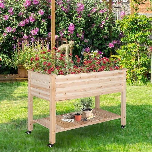 VINGLI 45.7"x22.4"x32.4" Elevated Raised Garden Bed Outdoor, Heavy Duty Wood Planter Box with Legs, Bed Liner Included, for Vegetables, Fruits, Sturdy Long Lasting Planter Box (Nuture - with Wheel)