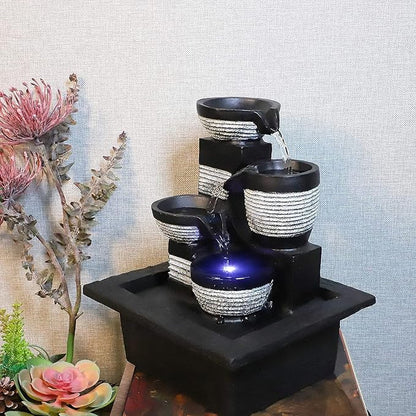 Ferrisland Tabletop Waterfall Fountain - 3-Step Modern Water Fountain with LED Light for Office Desktop Decor