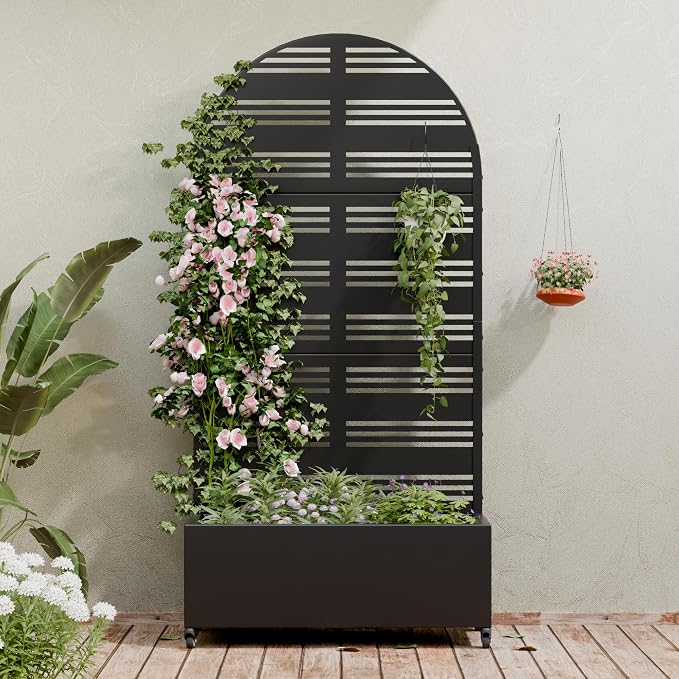 Casaphoria Metal Raised Garden Bed with Trellis and Wheels, 72"x35"x16" Arched Planter Box for Climbing Plants, Vegetables & Vines, Features Drainage Holes and Privacy Screen (Black-Harold)