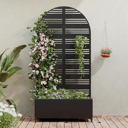 Casaphoria Metal Raised Garden Bed with Trellis and Wheels, 72"x35"x16" Arched Planter Box for Climbing Plants, Vegetables & Vines, Features Drainage Holes and Privacy Screen (Black-Harold)