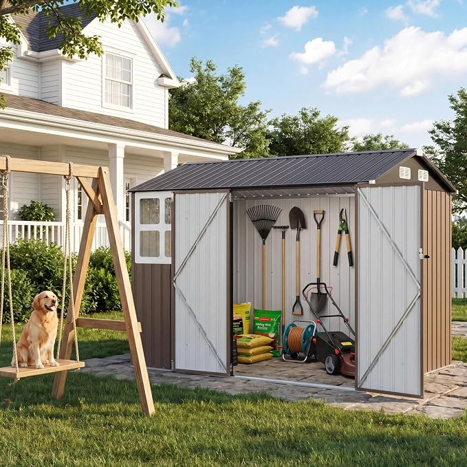 IRONCK 8.4x6.1FT Outdoor Storage Shed with Clear Window, Tool Shed, Brown | Lockable Doors, Breathable Ventilation, 8x6 FT Base, Outdoor Shed For Generators/Bikes/Wheelbarrows
