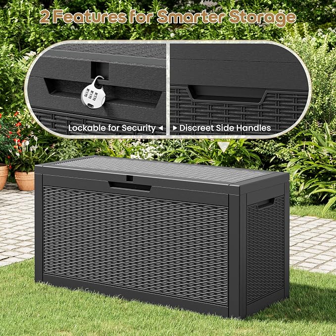 Outdoor Storage Box, 72 Gallon Resin Deck Boxes Outdoor Waterproof For Patio Furniture, Garden Tools, Pool Supplies, Lockable And UV Resistant (Rattan Black)