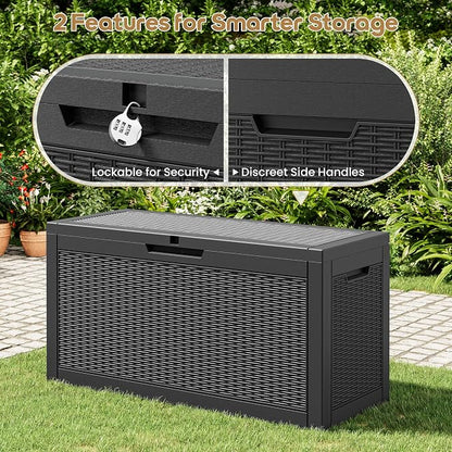 Outdoor Storage Box, 72 Gallon Resin Deck Boxes Outdoor Waterproof For Patio Furniture, Garden Tools, Pool Supplies, Lockable And UV Resistant (Rattan Black)