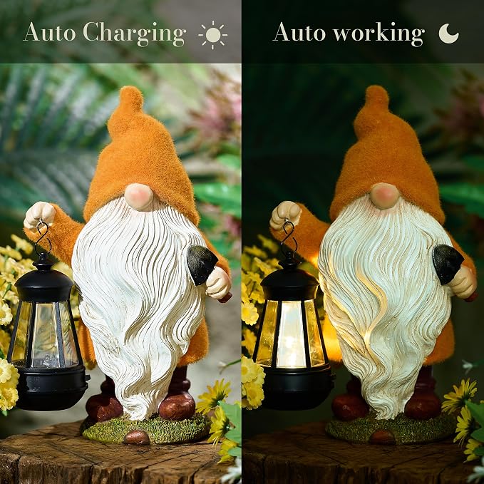 TERESA'S COLLECTIONS Fall Outdoor Decor, Fall Gnome Decor, Autumn Garden Gnomes Holding Lantern with Solar Lights,Waterproof Resin Outdoor Fall Decor, Fall Gifts Outdoor/Indoor,8"