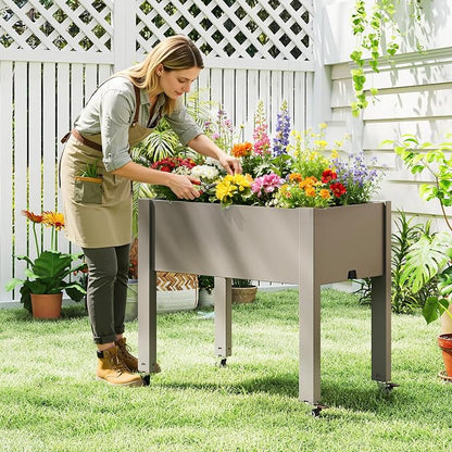 Fancyango Raised Garden Bed with Wheels 26.3" Hx2 -Gray | Resin Elevated Garden Planter Box with Drainage, Outdoor Planter Box for Veggies Herbs Patio Balcony Backyard