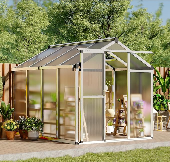 Greenhouse, 6x8 Ft Outdoor Greenhouses, Accessible Green House with Roof Vents and Sliding Doors, Aluminum Frame Polycarbonate Greenhouses, Large Greenhouse for Outdoor Gardens and Backyards, Silver