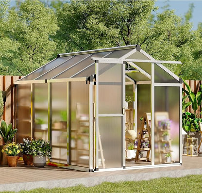 Greenhouse, 6x8 Ft Outdoor Greenhouses, Accessible Green House with Roof Vents and Sliding Doors, Aluminum Frame Polycarbonate Greenhouses, Large Greenhouse for Outdoor Gardens and Backyards, Silver