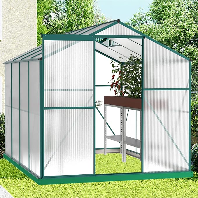 6'x 8' Polycarbonate Greenhouse with Thickened Aluminum and Sliding Door,Heavy Duty Walk-in Plant Garden Green House,W/ Drainage System,for Backyard,Terrace,Garden,Green