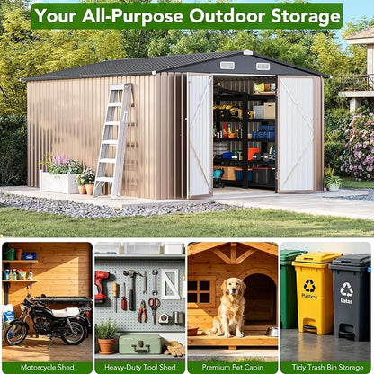 MXV 12 x 10FT Outdoor Storage Shed, Metal Garden Shed with Windows, Double Lockable Doors & Sloped Roof, Waterproof Tool Sheds for Backyard Garden Patio Lawn, Brown