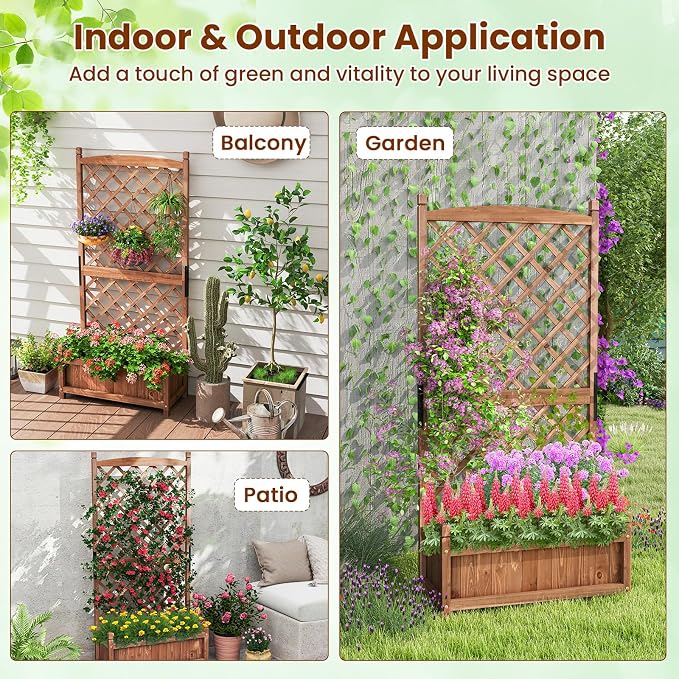 Giantex Raised Garden Bed with Trellis Set of 2, 60” Wooden Planter Container w/Drainage Holes, High Trellis for Plant Flower Climbing Pot Hanging, Indoor Outdoor Planter Box for Yard Garden Balcony