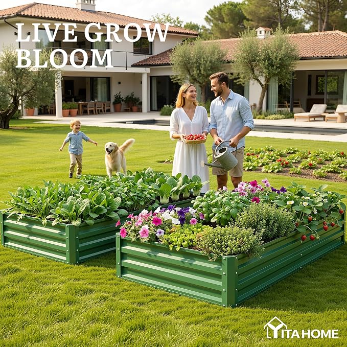 YITAHOME 6x3x1ft 2pcs Large Raised Garden Bed Kit, Galvanized Metal Planter Box with Gloves, Ground Nails, Support Rod, Outdoor Above Ground Planters for Plants Vegetables Flowers, Green