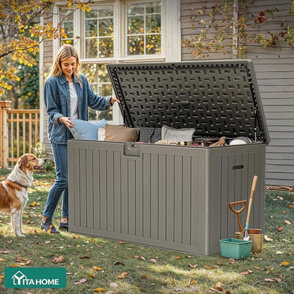 YITAHOME 220 Gallon Double-Wall Deck Box with Divider & Side Handles | Outdoor Large Storage for Patio Furniture Cushions, Garden Pool Accessories, Water Resistant & Lockable