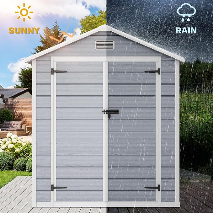 DWVO 6X4FT Resin Storage Shed with Reinforced Floor, Outdoor Storage Shed with Lockable Door, Window & Vents, Waterproof Plastic Tool Shed for Garden Backyard, Patio