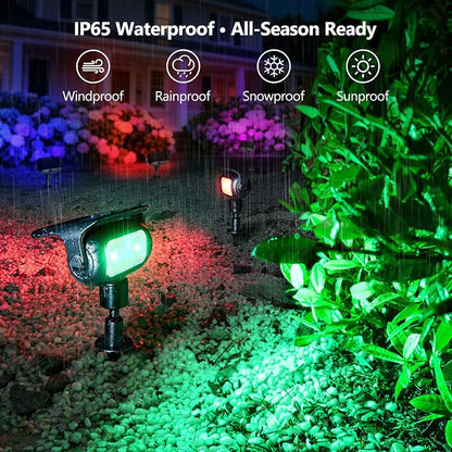 Brizled Solar Spot Light Outdoor Color Changing RGB LED Landscape Spotlight | 360° Rotation; 9 Colors & 11 Modes; IP65 Waterproof; Stake or Wall Mounted for Halloween Christmas Yard Tree Garden Pathway