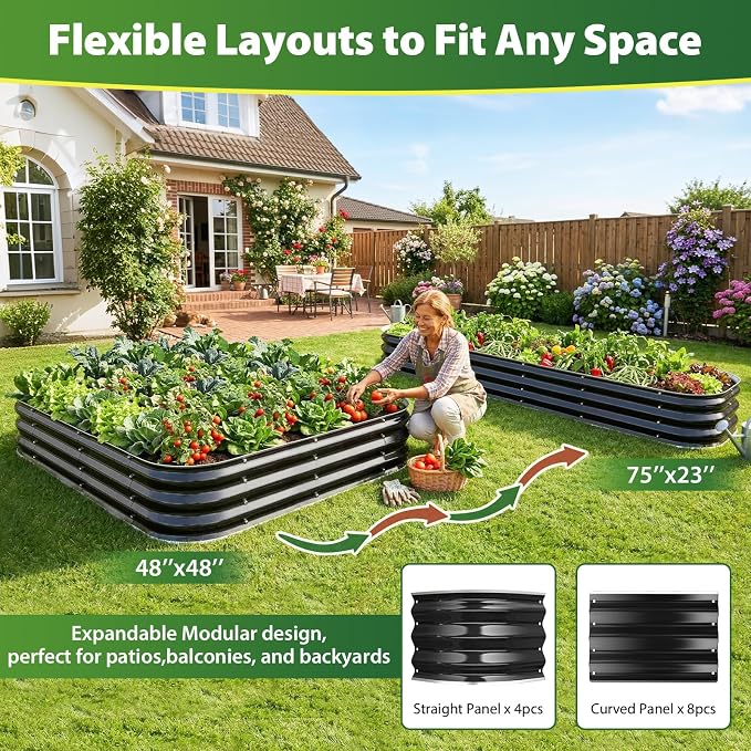 Square Galvanized Raised Garden Bed 4x4ft – Easy Home Gardening Planter Box for Vegetables & Flowers,Herbs – 12" Heavy Duty Outdoor Gardening Bed with Easy Assembly (Black)