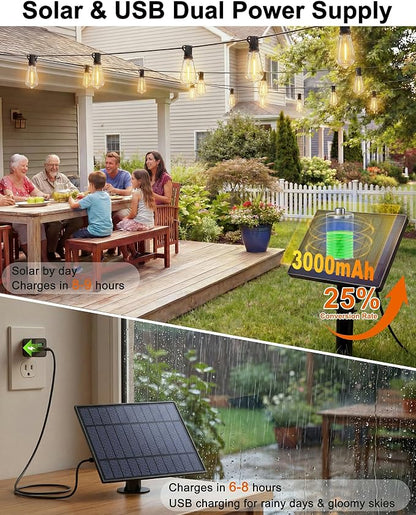 Solar String Lights Outdoor, 54FT(24+1) Patio Lights Waterproof with Remote & USB Port, Dimmable & Timer & 3 Light Modes, ST38 LED Solar Lights for Camping, Backyard, Deck, Garden (2700K)