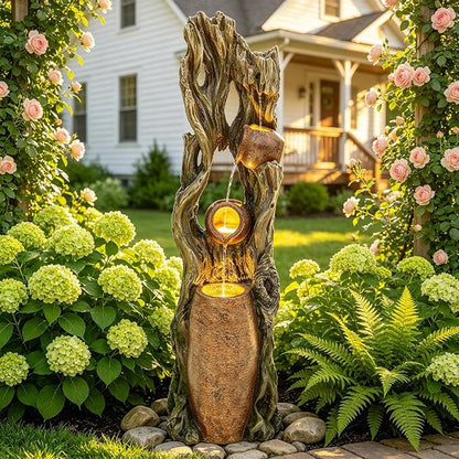 AUTODAYA 42.7" 3-Tier Outdoor Water Fountain LED Tree Trunk Jar Waterfall | Rainforest feature,terra-cotta jar accents, garden patio yard decor