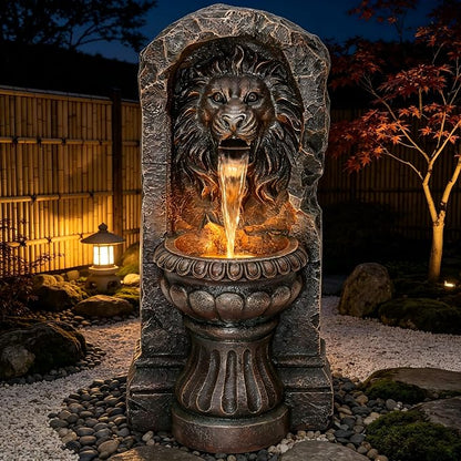 30" Lion Head Outdoor Water Fountain LED Stone Cascading Waterfall | faux granite stone texture, European courtyard, patio yard,Deck Floor Garden Decor