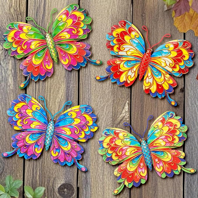 Junware 4 Pieces Metal Butterfly Wall Art Decor - 6.2" Outdoor Fence Wall Sculpture Decor, Hanging Decoration for Garden Yard Living Room Bedroom Patio Balcony, Nice Gift for Mom Friend