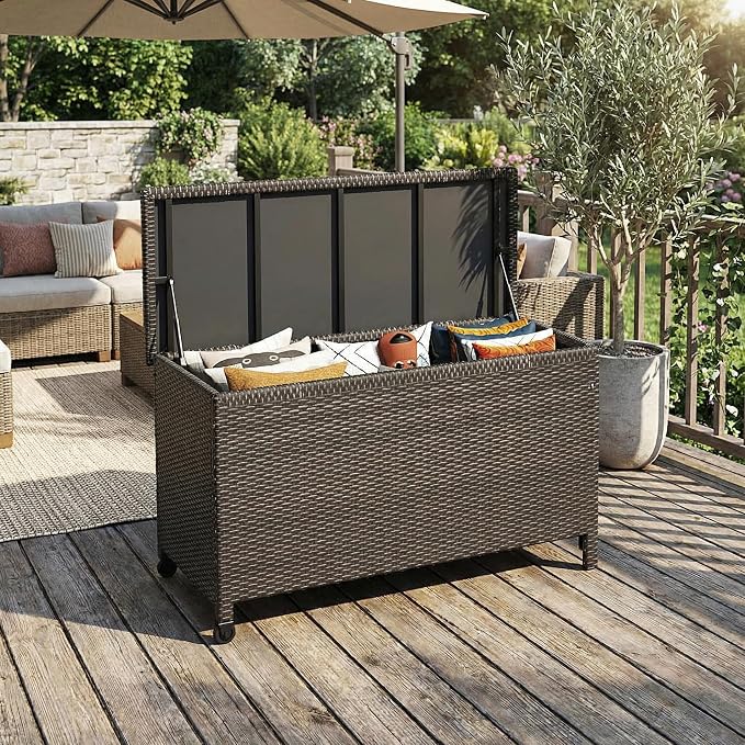 Wicker Deck Box, 125 Gallon All-Weather Outdoor Storage Box, Rattan Storage Bin for Patio Furniture, Outdoor Cushions, Pool Storage and Garden Tools, Brown
