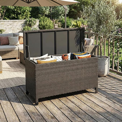 Wicker Deck Box, 185 Gallon All-Weather Outdoor Storage Box, Rattan Storage Bin for Patio Furniture, Outdoor Cushions, Pool Storage and Garden Tools, Brown
