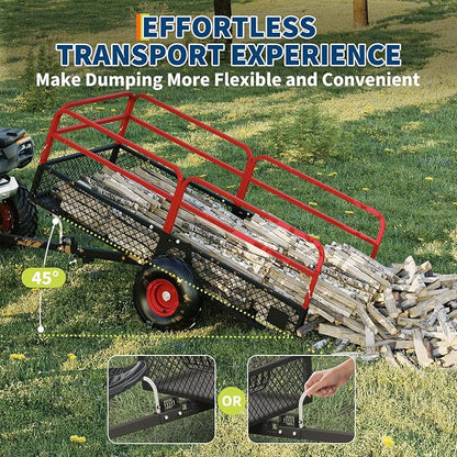 PeakPursuit Tow Behind Steel Dump Cart, Heavy Duty Yard Garden Trailer with Removable Sides & All Terrain Tires, Fits Lawn Mower, Tractor, Garden Cart, 1500 lbs 20 Cubic Feet, Red