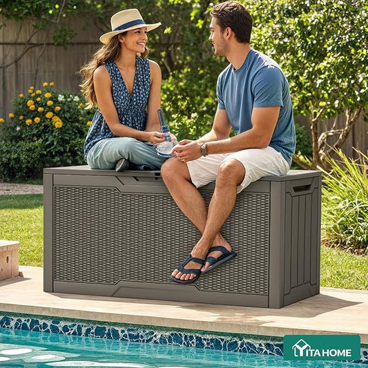 YITAHOME 80 Gallon Resin Deck Box | Weather Resistant Outdoor Rattan Storage Box, Lockable Indoor Outdoor Storage for Supplies and Essentials, Taupe