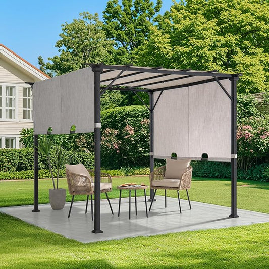 Sunjoy 9 x 9 ft. Pergola, Outdoor Patio Matte Black Steel Classic Frame Pergola with Retractable White Canopy Shade for Backyard, Garden Activities, Light Gray