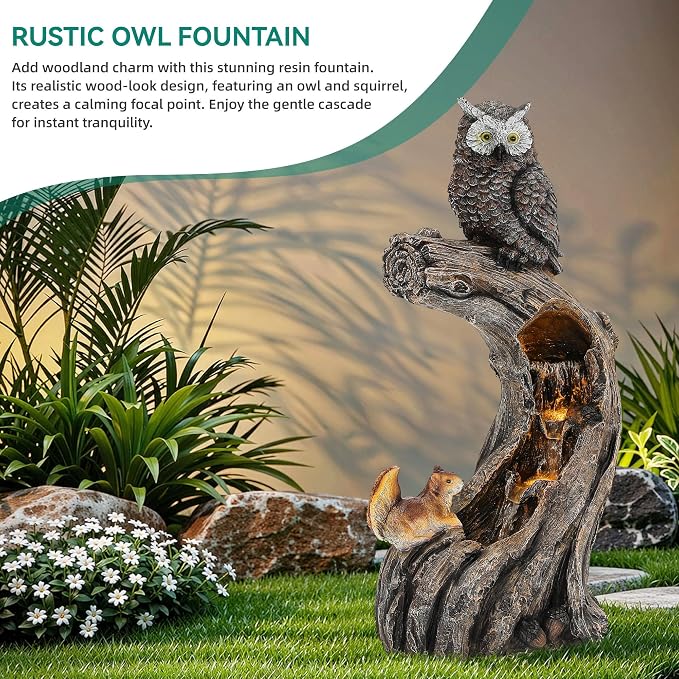 32" H Owl Tree Trunk Outdoor Fountain with Warm LED Lights | Forest Style 4-Tiers Water Feature with Soothing Cascading Waterfall for Patio, Backyard, Garden or Porch