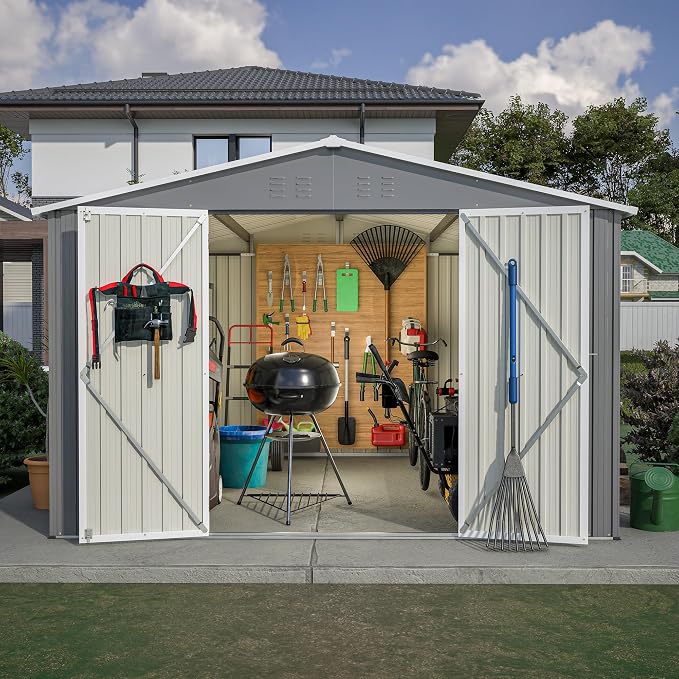 YOPTO 10x10 FT Outdoor Storage Shed,Large Metal Tool Sheds with Updated Frame Structure and Lockable Doors, Garden Shed for Backyard Patio Lawn,Grey
