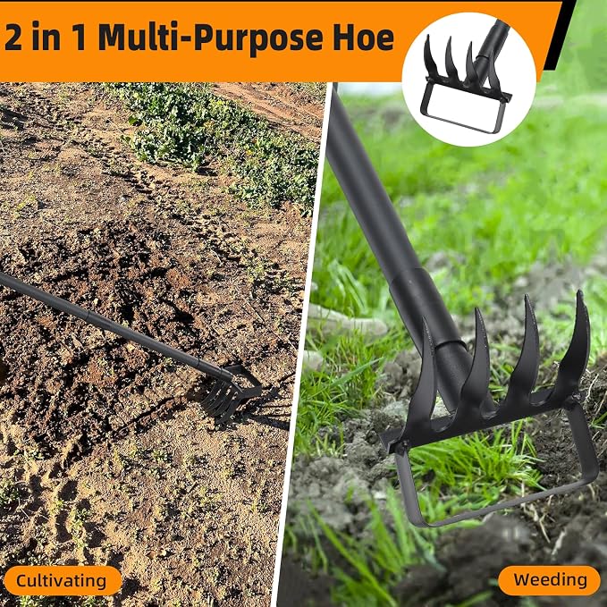 Weed Puller with 62.6” Adjustable Long Handle, Heavy Duty Stirrup Hoe, 4 Tines 2 in 1 Garden Cultivator for Weeding and Soil Loosening, Black