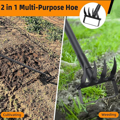 Weed Puller with 62.6” Adjustable Long Handle, Heavy Duty Stirrup Hoe, 4 Tines 2 in 1 Garden Cultivator for Weeding and Soil Loosening, Black