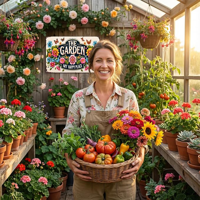 Smilelife Plants Gifts The Garden My Happy Place Vintage Tin Sign for Garden Patio Porch Yard She Shed Decor 8x12 Inch (3902)