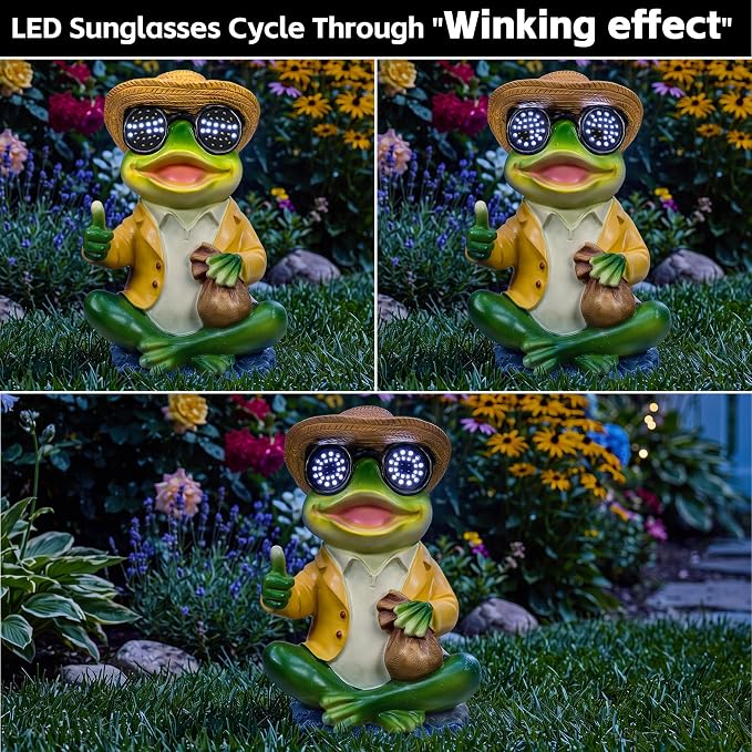 8.7" Solar Frog Statue Glowing Glasses - Funny Garden Decor Thumbs Up Money Bag Lucky Frog Figurine, Outdoor Resin Yellow Shirt Hand Painted Stone Base Patio Lawn Porch Gift Whimsical