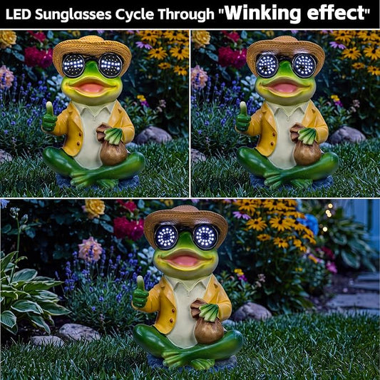 8.7" Solar Frog Statue Glowing Glasses - Funny Garden Decor Thumbs Up Money Bag Lucky Frog Figurine, Outdoor Resin Yellow Shirt Hand Painted Stone Base Patio Lawn Porch Gift Whimsical