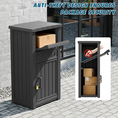 LHBGO Package Delivery Box with Sign, Lockable & Weatherproof Anti-Theft Parcel Delivery Box for Porch, Curbside, Patio，Black