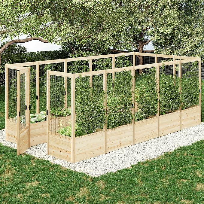 AMERLIFE U-Shaped Raised Garden Bed with 19" Depth Planter Box, Outdoor Wooden Raised Garden Bed Planter with Deer Proof Fence,7.5Wx15Dx6H, for Vegetables, Flowers and Herbs