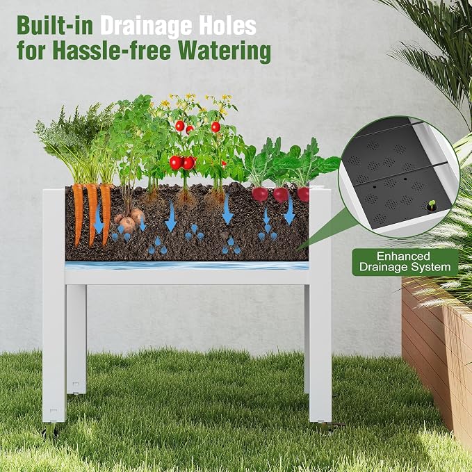 Fancyango Raised Garden Bed with Wheels 26.3" H -Ashen | Resin Elevated Garden Planter Box with Drainage, Outdoor Planter Box for Veggies Herbs Patio Balcony Backyard