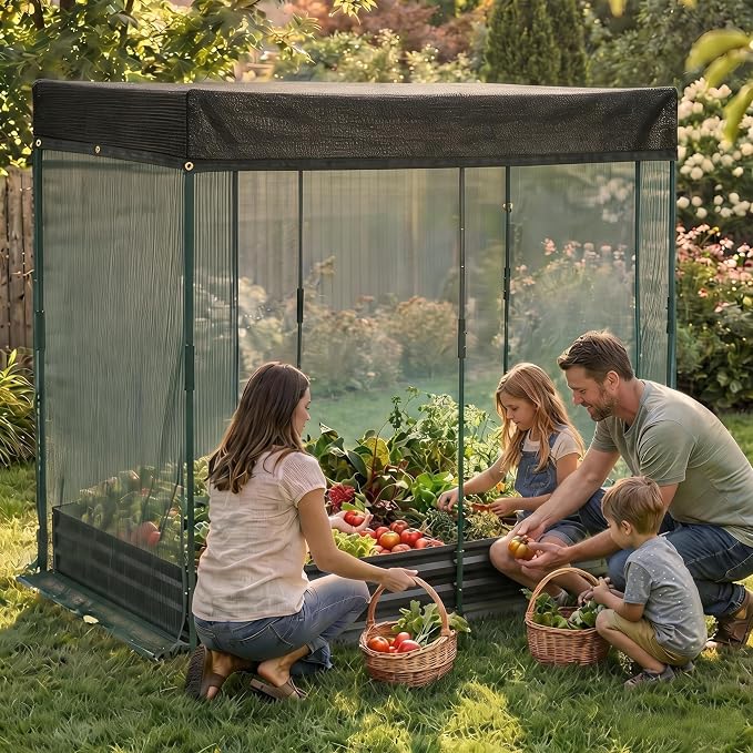 8x4x1Ft Galvanized Raised Garden Bed Kit w/Self Watering Irrigation & Mesh Cover, Metal Bottomless Raised Planter Box for Veggies Herbs Flowers, Rustproof Elevated Garden Bed Backyard Patio Farm