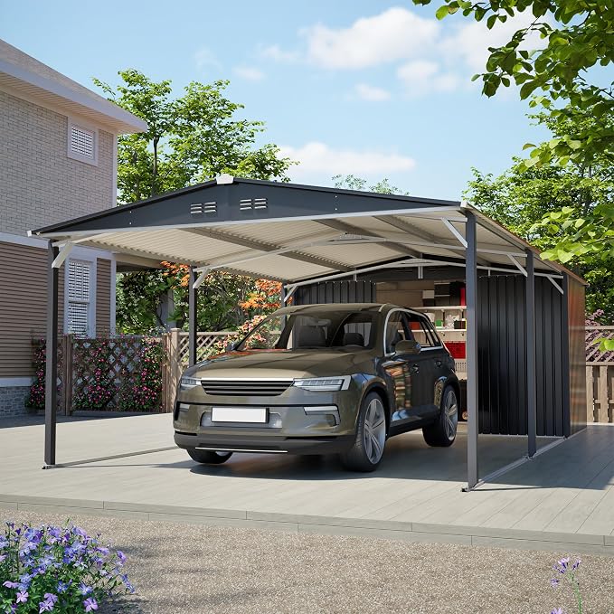 KEIKI 12x23 FT Heavy Duty Metal Carport with Storage Shed, Steel Garage Shelter with Sliding Door, Waterproof Sloped Roof, UV Protection Panels, Outdoor Car Canopy for Car, Boat, Tractor
